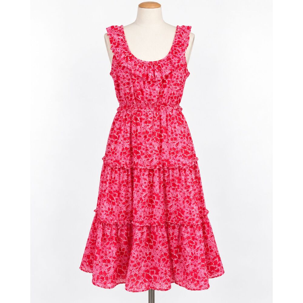 NWOT J. Crew 100% Cotton Azalea Pink Printed Ruffle Midi Dress Sundress Size 14